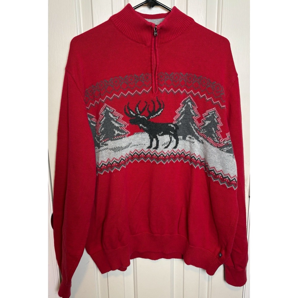 Chaps 1/4 Zip Pullover Sweater Mens Size 2XL Red Nordic Moose Holiday Sweater
